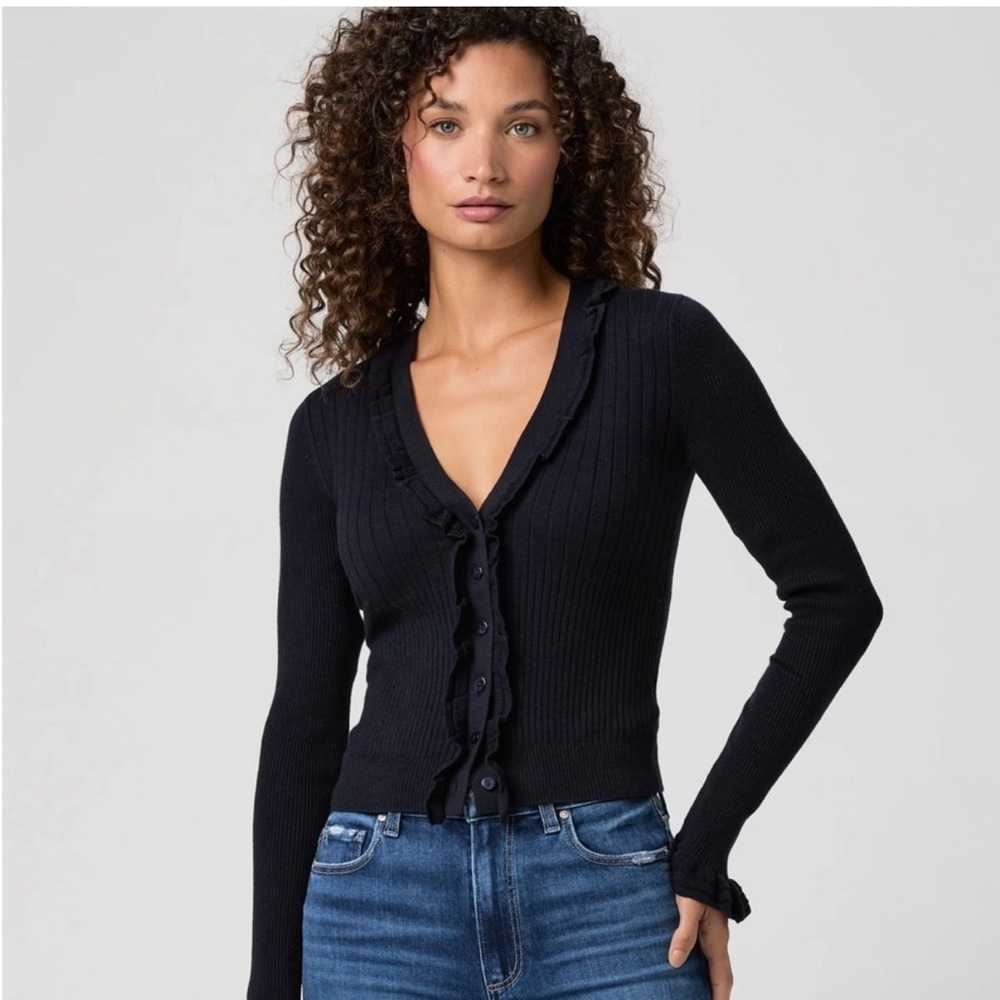 PAIGE Black Ribbed V-Neck Ruffle-Trim Button Cardigan
